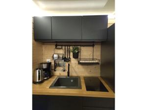 een keuken met zwarte kasten en een spoelbak bij Ahoy Masal Modern retreat in Lübeck