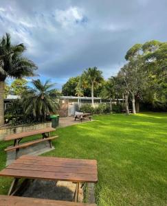 two picnic tables in a park with palm trees at Time and Tide Hotel Motel in Collaroy
