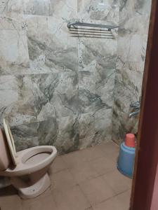 a bathroom with a toilet and a stone wall at Coorg HillTown Hotel - Madikeri in Madikeri