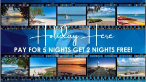 a collage of photos with the words play for nights get nights free at Lowset pet friendly home, with room for a boat, Palm Ave, Bongaree in Bellara