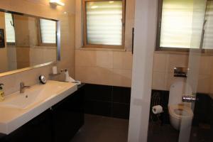 a bathroom with a sink and a toilet and a mirror at קשת בענן in Modi'in-Maccabim-Re'ut