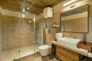 烏代浦的住宿－SaffronStays Moringa Wishing Tree，带淋浴、卫生间和盥洗盆的浴室