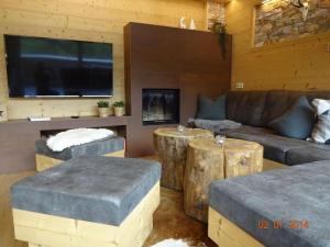 a living room with a couch and a tv and logs at Hüttenzauber 3 Modern retreat in Annaberg im Lammertal