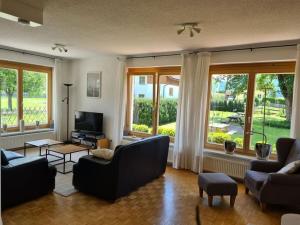 a living room with couches and a tv and windows at Daffodil Modern Retreat in Bad Mitterndorf