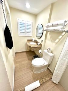 a bathroom with a toilet and a sink and a mirror at Hotel Caesars in Tijuana