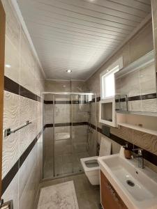 ein Bad mit einer Dusche, einem WC und einem Waschbecken in der Unterkunft Villa Efil in Fethiye