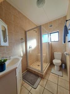 a bathroom with a shower and a toilet and a sink at 8 Eden Palms, Palm Beach in Port Edward