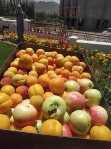 uma caixa de maçãs, laranjas e outros frutos em Namra Villa em Leh