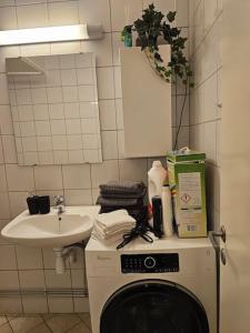 a kitchen with a washing machine and a sink at skyline flat with free parking in Lorenskog