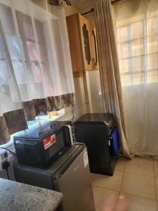 a small kitchen with a refrigerator and a window at Sleek Apartment with City Views in Nairobi