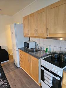 a kitchen with a sink and a white refrigerator at skyline flat with free parking in Lorenskog