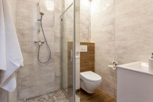 een badkamer met een douche, een toilet en een wastafel bij Bursztynowa Przystań in Grzybowo