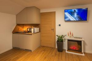 a kitchen with a microwave and a kitchen with a fireplace at Vineyard Cottage Mayolka - Happy Rentals in Novo Mesto