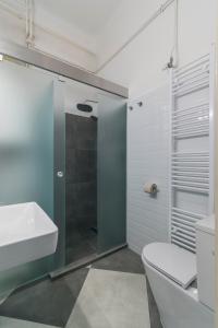 a bathroom with a shower and a toilet and a sink at Raday Bobo in Budapest +25 photos