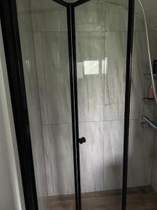 een douche met een glazen deur in de badkamer bij Tinyhouse Friesland 