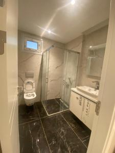 a small bathroom with a toilet and a sink at Bakırköy Ahmet Bey Apartmanında Daire Eşyalı in Istanbul