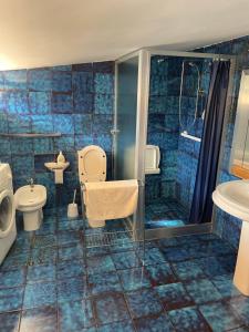 y baño de azulejos azules con aseo y ducha. en Arte e relax, en Lanciano