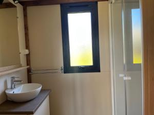 La salle de bains est pourvue d'un lavabo et d'une fenêtre. dans l'établissement Ri-Veu corse dans camping marina di sorbo, à Sorbo-Ocagnano