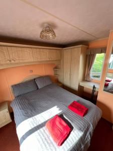 a bedroom with a bed with two red pillows on it at Holiday Home by the sea in Aberystwyth