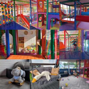 a collage of four pictures of a playground with a teddy bear at Szum Fal in Rusinowo