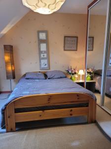 a bedroom with a wooden bed with a large mirror at La petite parenthèse in Muides-sur-Loire