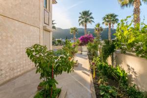 a garden with palm trees and a building at Villa MO DAİLY WEEKLY rentals İçmeler in Marmaris
