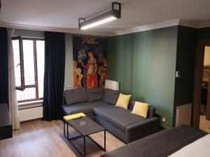 安卡拉的住宿－BUTİK 24 SUİTES，客厅配有沙发和墙上的绘画