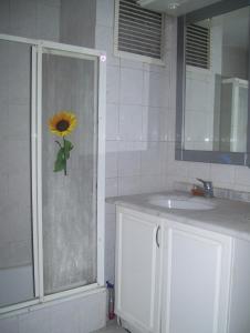 a bathroom with a sink and a sunflower on the wall at Beylikdüzü EmekEvler Sitesinde Dublex in Beylikduzu