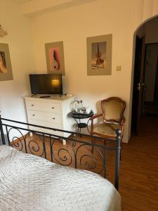 sypialnia z łóżkiem, telewizorem i krzesłem w obiekcie ZACISZE w mieście Karłów