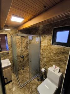 La salle de bains est pourvue d'une douche et de toilettes. dans l'établissement Paşa Bungalov HOTEL, à Marmaris