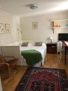 Un dormitorio con una cama con una almohada verde. en Dahmskahuset en Kalmar