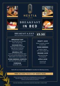 um menu para um pequeno-almoço no restaurante da cama em Hestia House em Derry Londonderry