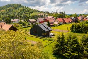 an aerial view of a village with a black house at Grenko House in Vrata