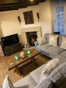 a living room with two couches and a fireplace at The Lair in Whitby