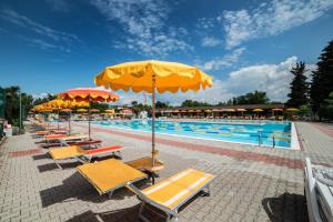 a pool with a bunch of chairs and umbrellas at Villa Gasparina in Ronchi