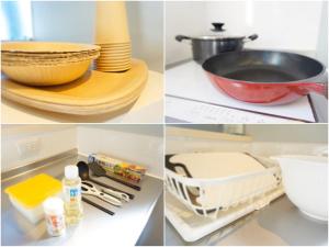 een collage van vier foto's van keukenspullen in een koelkast bij YOUR ROOM Kyomachi Vacation STAY 1321 in Kumamoto