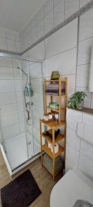 a bathroom with a shower and a wooden shelf at Ferienwohnungen Op der Kees in Irsch