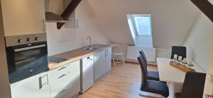 a kitchen with a sink and a table with chairs at Apartmán Penelope in Žatec