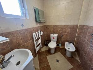 La salle de bains est pourvue de toilettes blanches et d'un lavabo. dans l'établissement Къща за гости ДАП Баните, à Banite