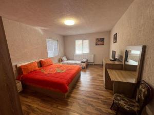 - une chambre avec un lit et un bureau dans l'établissement Къща за гости ДАП Баните, à Banite