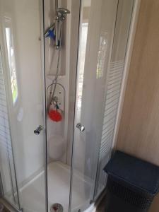La salle de bains est pourvue d'une douche avec une porte en verre. dans l'établissement RBR 135 - Beach Resort Kamperland, à Kamperland