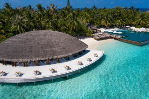 an aerial view of a resort in the ocean at Huvafen Fushi in North Male Atoll