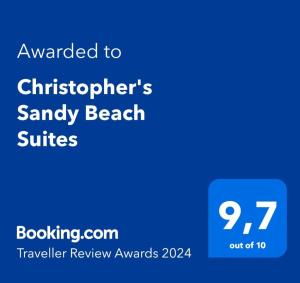 阿依納帕的住宿－Christopher's Sandy Beach Suites，给海滩的文字的电话屏幕