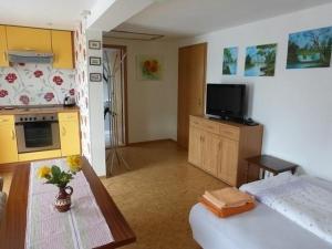 Zimmer mit einer Küche mit einem Tisch und einem TV in der Unterkunft Schöne Wohnung in Domsühl in Domsühl