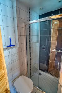 a bathroom with a toilet and a glass shower at La Savoyarde in Châtel