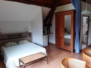 Schlafzimmer mit einem Bett, einer Kommode und einem Spiegel in der Unterkunft Le Clos Fleuri in Vineuil