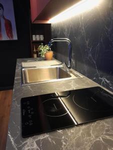 a kitchen counter with a sink and a sink at City Center Tirana Urban Condo in Tirana