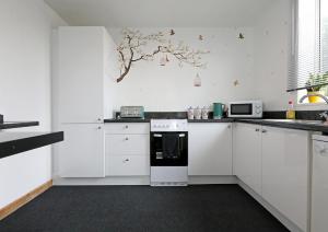 a kitchen with white cabinets and a black and white oven at Lovely 3 bedroom house with free parking & garden in Norwich