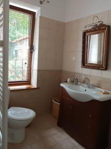 baño con lavabo y aseo y ventana en ΚΥΑΝΟΝ παραδοσιακή μονοκατοικία στην Φλώρινα, en Florina