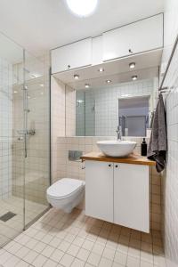 y baño con lavabo, aseo y ducha. en Spectacular loft in the middle of Oslo City Centre, en Oslo
